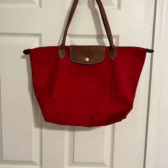 Longchamp Handbags - Longchamp Red Le Pliage Nylon/Leather Tote
